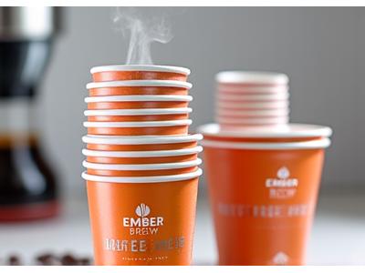 Close-up of Ember Brew branded coffee cups for a catering event