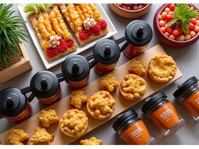 Delicious catering spread with coffee, pastries and sandwiches