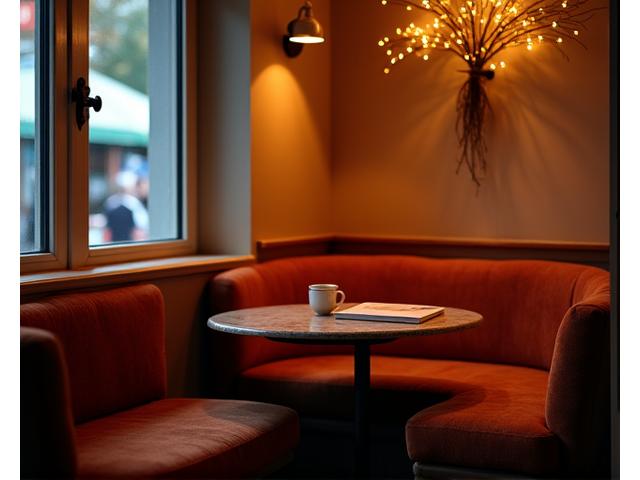 Cozy cafe corner with warm lighting and comfortable seating
