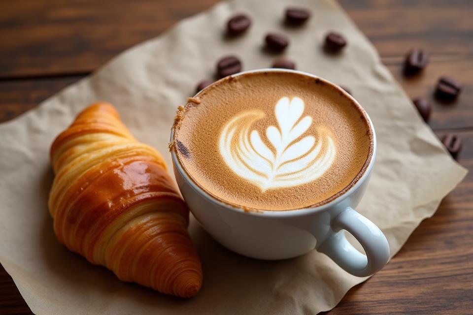 Artfully arranged coffee cup with latte art next to a freshly baked croissant on a wooden table, representing Ember Brew's menu.